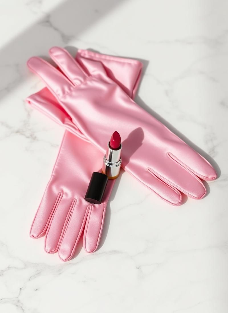 Pink satin gloves and a lipstick on white marble
