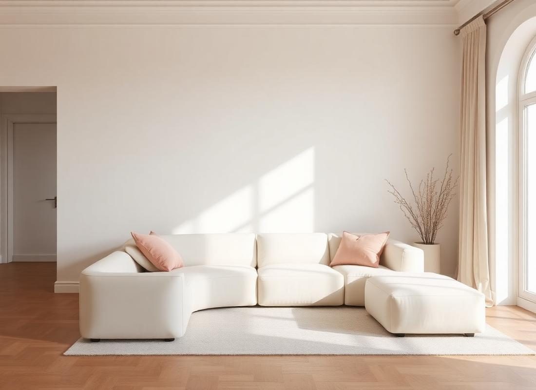 Minimal living room with a cream sofa and pink accent cushion