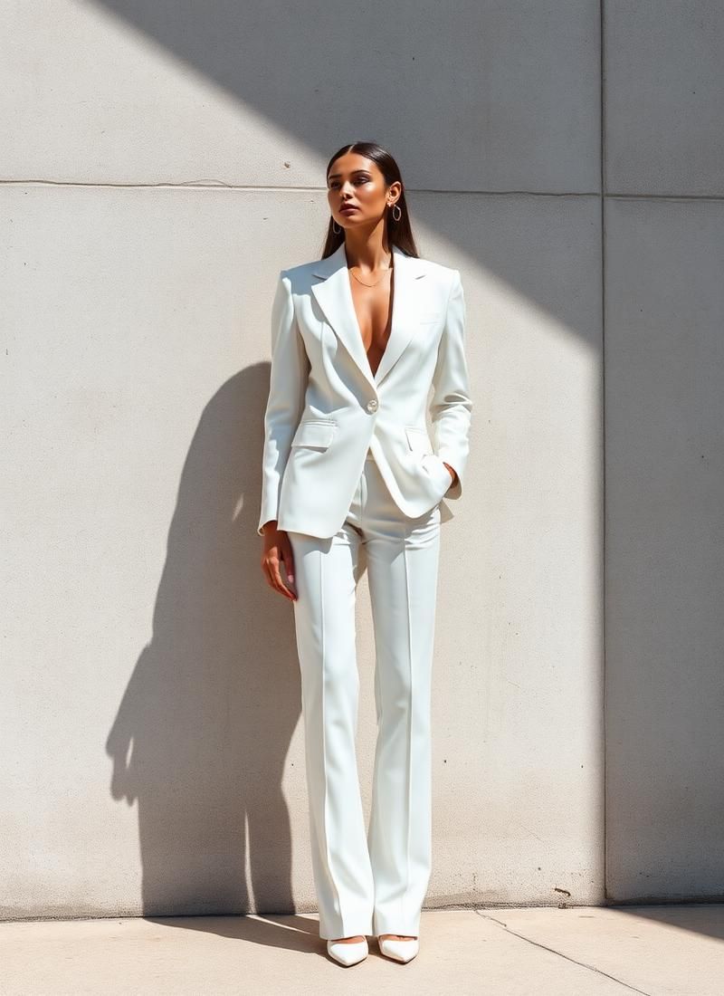 Model in a white suit against a bright concrete wall