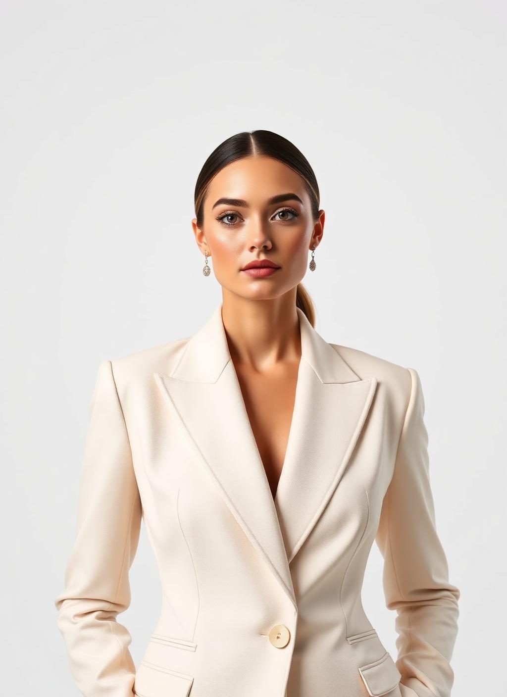 Dawn Muensterman photographed in an ivory tailored blazer against a porcelain backdrop