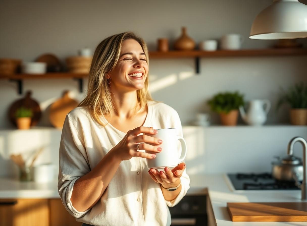 Dawn laughing in a sunlit kitchen holding a white ceramic mug